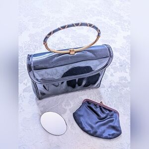 Vintage 60's Navy Blue Patent Handbag Purse Morris Moskowitz Enamel Gold Handle